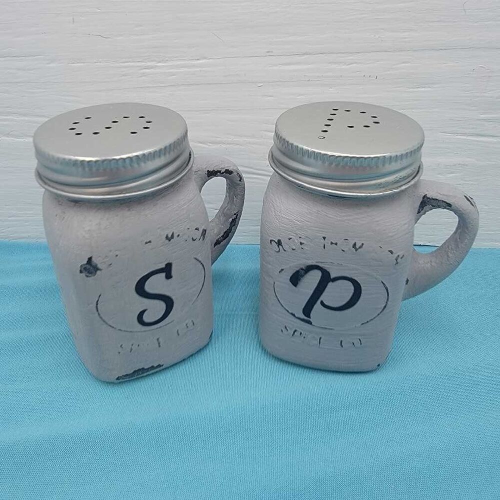 Farmhouse Mason Jar Salt Pepper Shakers Gray Distressed S P Vintage Style